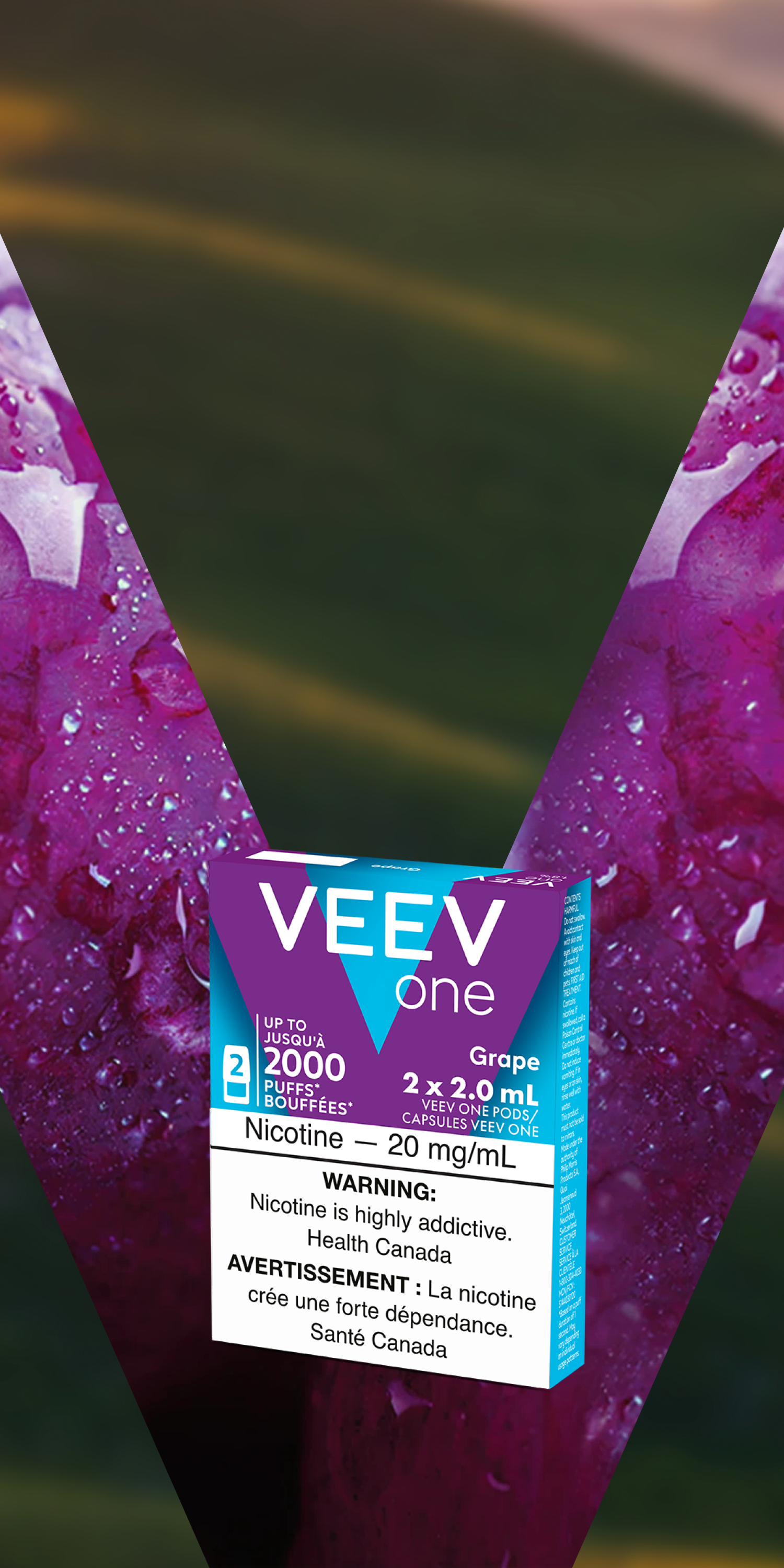 2 packs of Grape VEEV ONE pods on a purple V background.