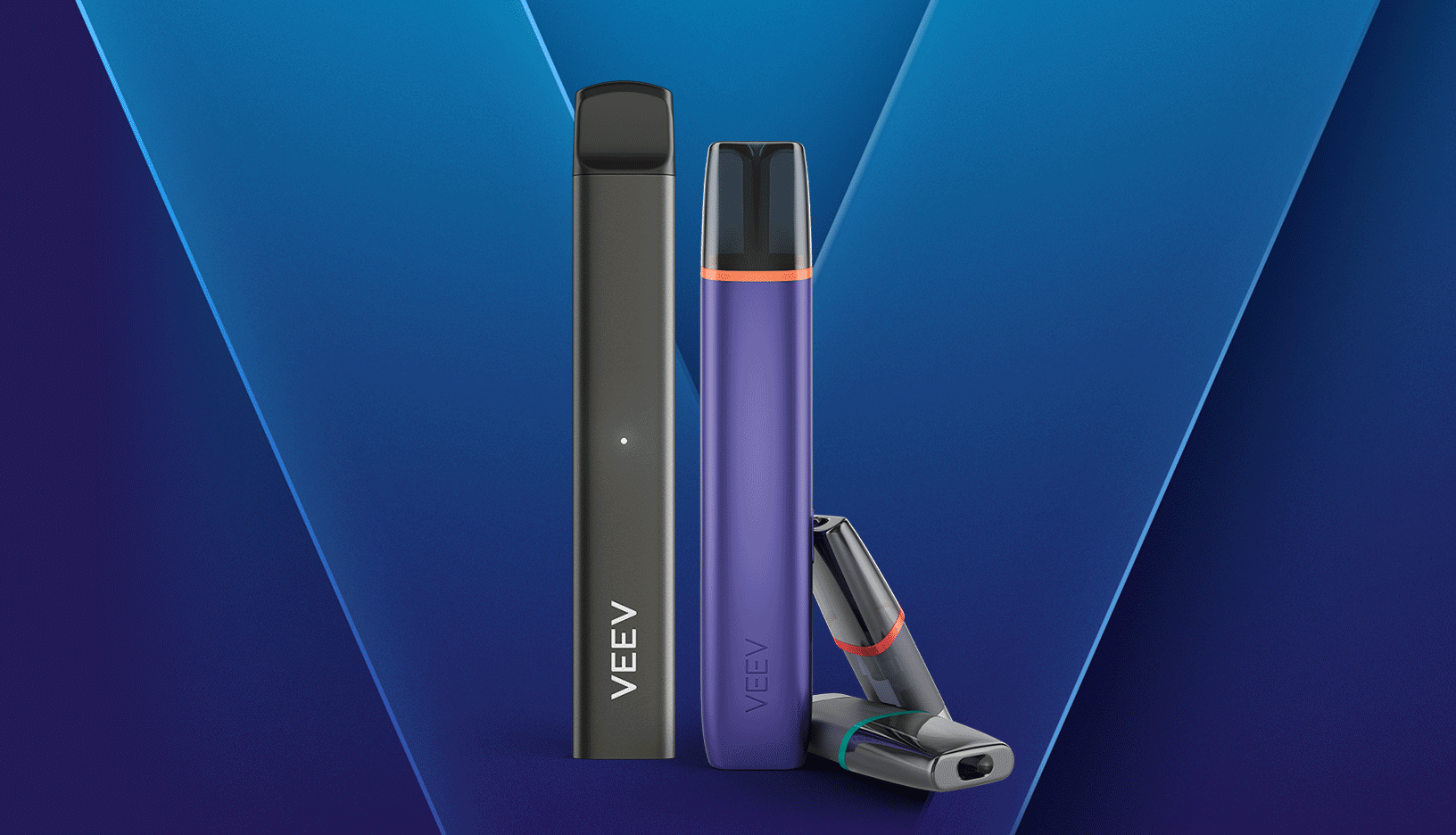 VEEV vaping devices in 5 colors on blue background