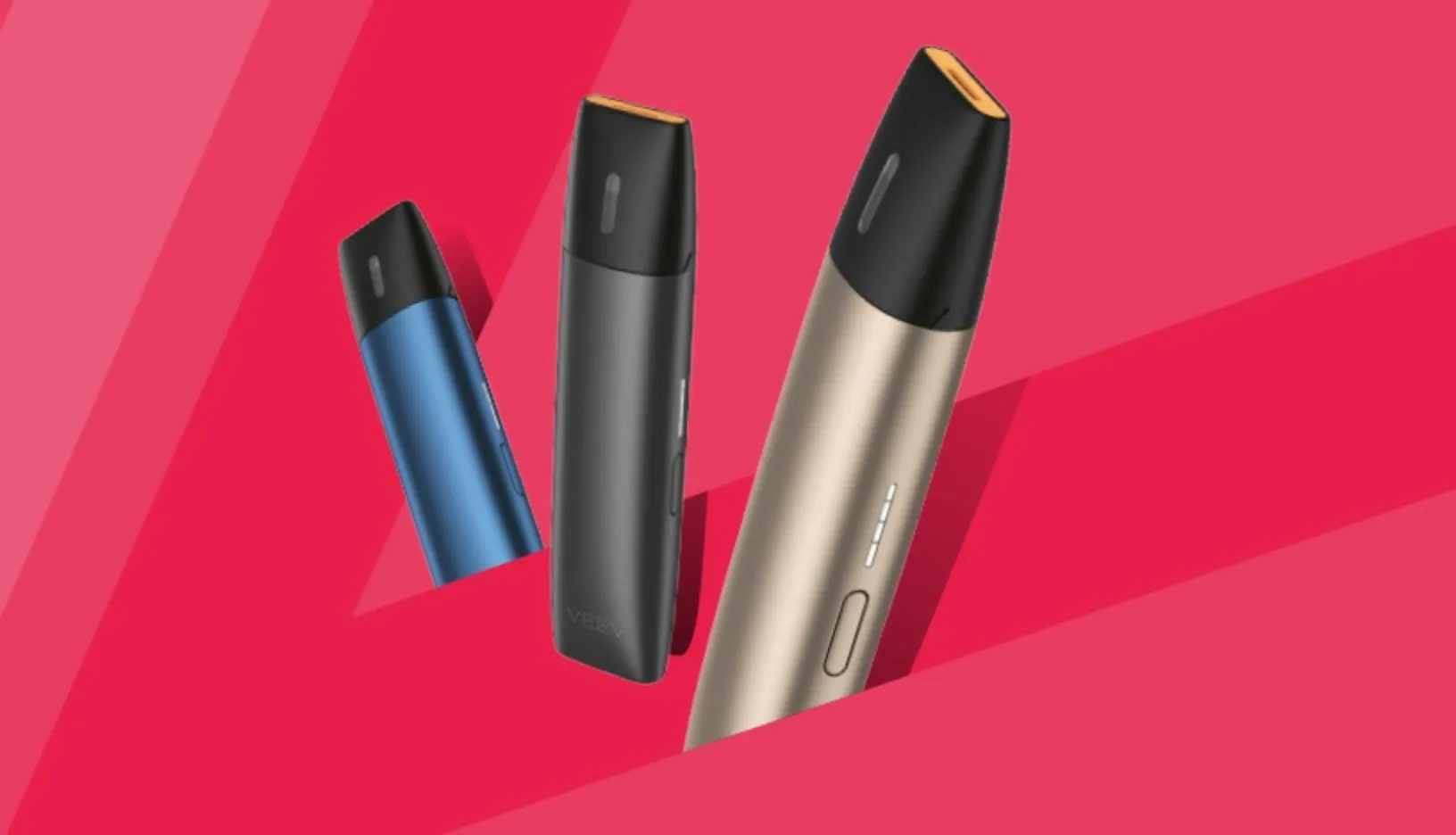 VEEV vaping devices in 5 colors on blue background