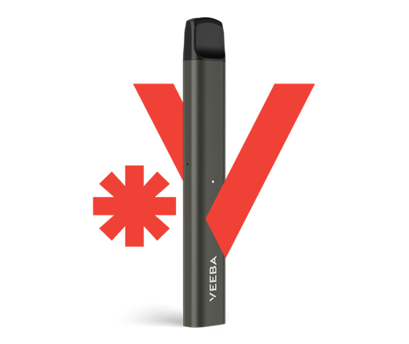Dispositif VEEBA rouge avec le signe « V » en rouge main