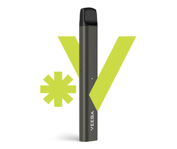 Dispositif VEEBA vert-jaune avec le signe « V » en vert clair main