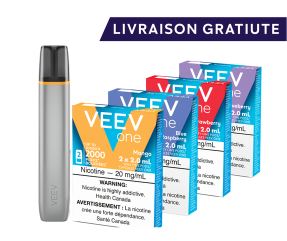 appareil VEEV ONE et 4 paquets de pods VEEV ONE main