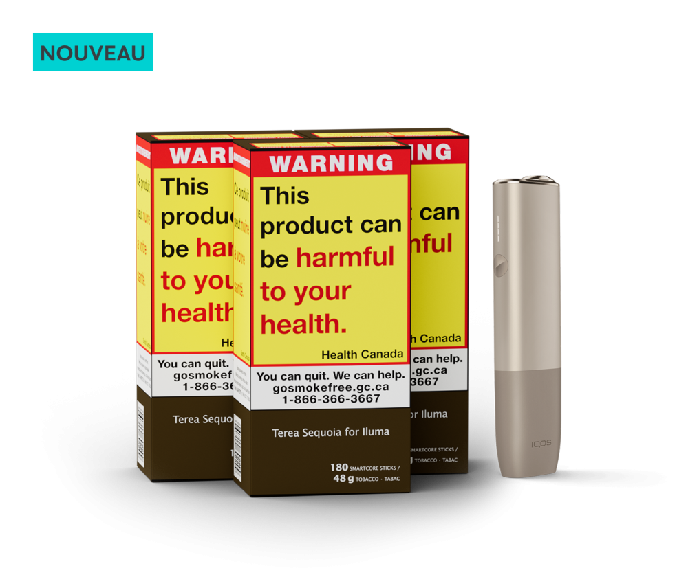 Trois cartouches de 180 bâtonnets TEREA et un appareil IQOS ILUMA ONE. Comprend l’étiquette « NOUVEAU ». main