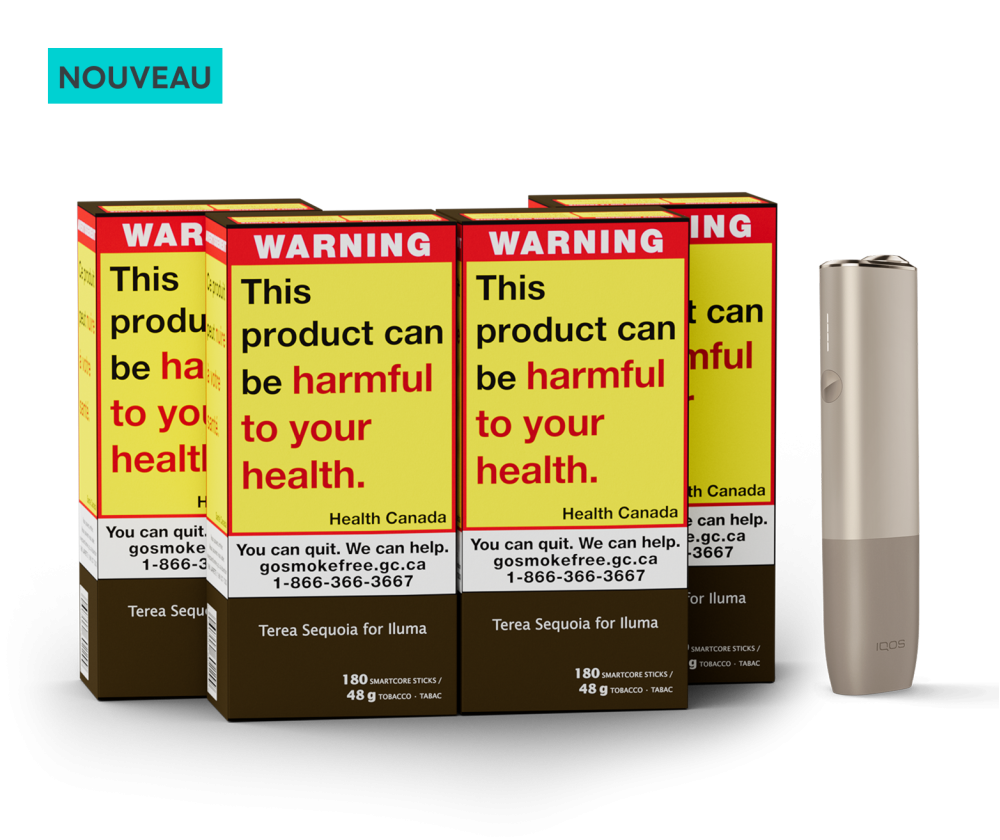 Quatre cartouches de 180 bâtonnets TEREA et un appareil IQOS ILUMA ONE. Comprend l’étiquette « NOUVEAU ». main