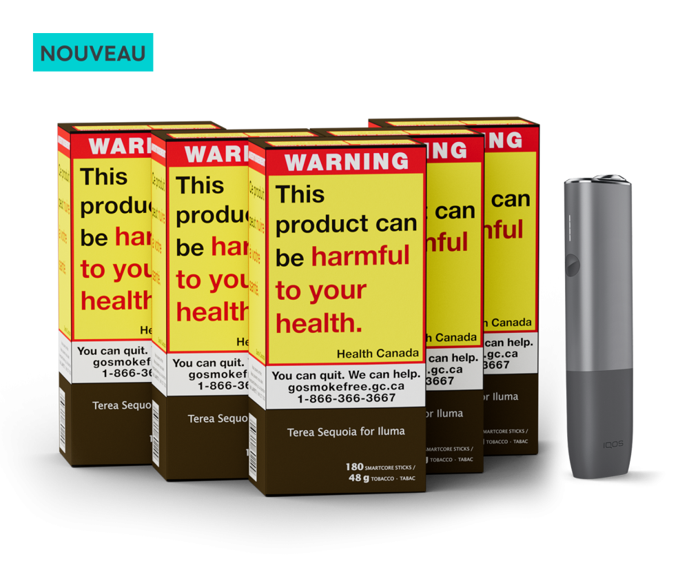 Cinq cartouches de 180 bâtonnets TEREA et un appareil IQOS ILUMA ONE. Comprend l’étiquette « NOUVEAU ». main