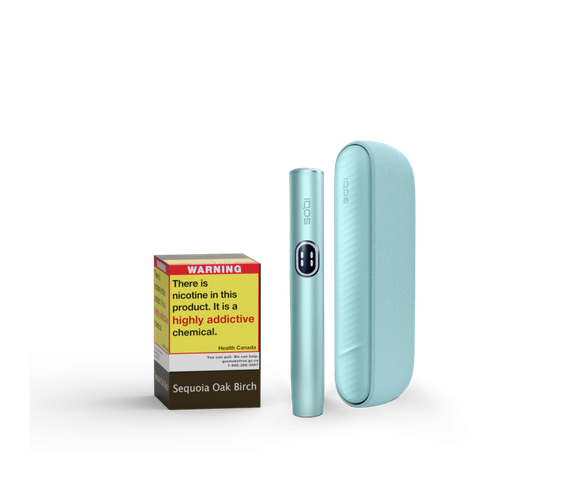 A Breeze Blue IQOS ILUMA i device and one carton of TEREA 54s shown at various angles.  A Breeze Blue IQOS ILUMA i device with a TEREA stick inserted.  A Breeze Blue IQOS ILUMA i device shown alongside feature icons for Touch Screen, Pause Mode, FlexPuff, and FlexBattery.    An open carton with an open pack displaying TEREA tobacco sticks. main