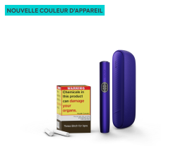 Un appareil IQOS ILUMA i en Bleu Brise et une cartouche de TEREA 54, présentés sous divers angles.  Un appareil IQOS ILUMA i en Bleu Brise avec un bâtonnet TEREA inséré.  Un appareil IQOS ILUMA i en Bleu Brise présenté avec des icônes illustrant l’Écran Tactile, le Mode Pause, FlexPuff et FlexBattery.  Une cartouche ouverte avec un paquet ouvert présentant des bâtonnets de tabac TEREA.
