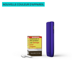 Un appareil IQOS ILUMA i ONE en Bleu Brise et une cartouche de TEREA 54, présentés sous divers angles.  Un appareil IQOS ILUMA i ONE en Bleu Brise avec un bâtonnet TEREA inséré.  Un appareil IQOS ILUMA i ONE en Bleu Brise présenté avec des icônes illustrant les fonctionnalités FlexPuff et Autostart.  Une cartouche ouverte avec un paquet ouvert présentant des bâtonnets de tabac TEREA.