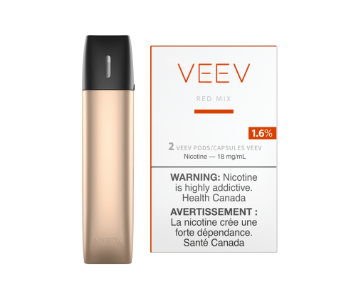A VEEV device and one pack of VEEV pods