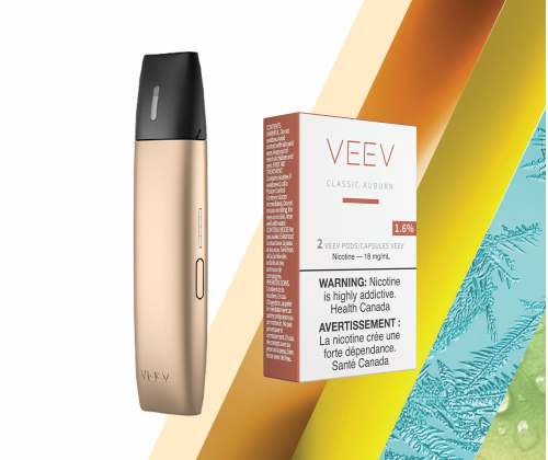A VEEV device and one pack of VEEV pods