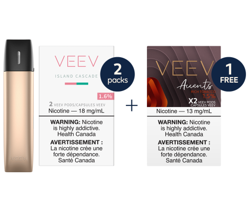2 packs of VEEV pods & 1 device with 1 free pack of VEEV Accents  with a "ONLINE EXCLUSIVE" tag