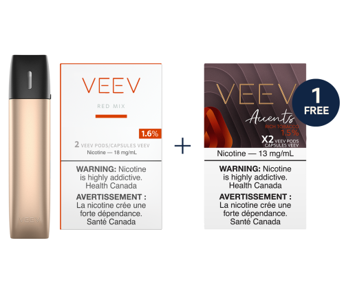 1 packs of VEEV pods & 1 device with 1 free pack of VEEV Accents  with a "ONLINE EXCLUSIVE" tag