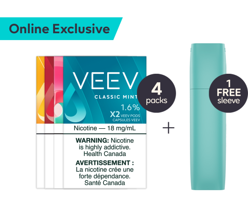 4 packs of VEEV pods with 1 FREE Sleeve and "online exclusive"