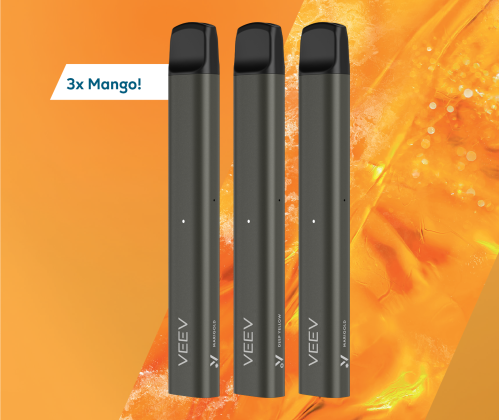 3 VEEV NOW disposable vapes with a tag that says '3 times the mango'​