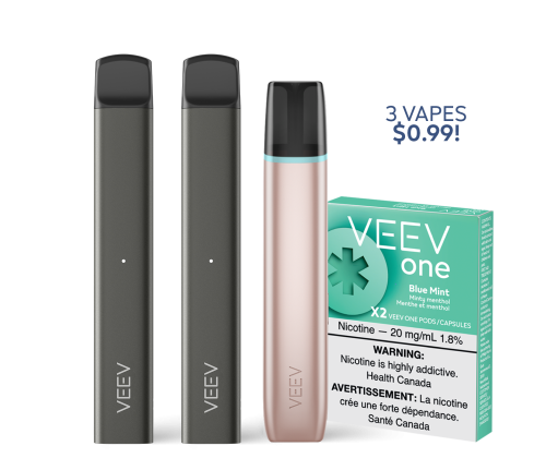 One VEEV ONE pod vape device, one pack of VEEV ONE pods and two VEEV NOW disposable vapes